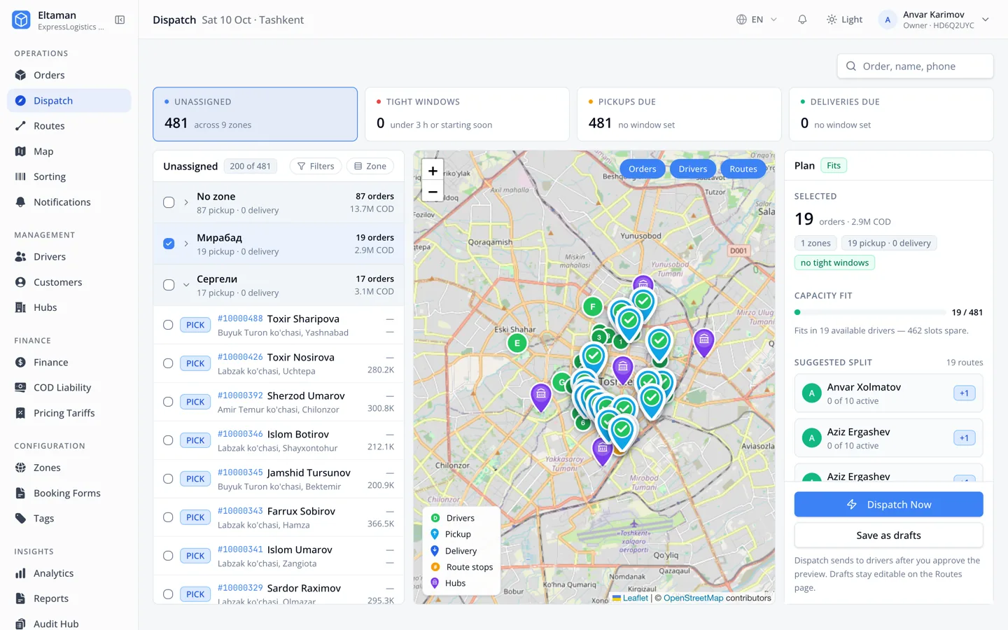 Dispatch page: a zone cluster of 19 orders selected, order pins on the map, plan fits