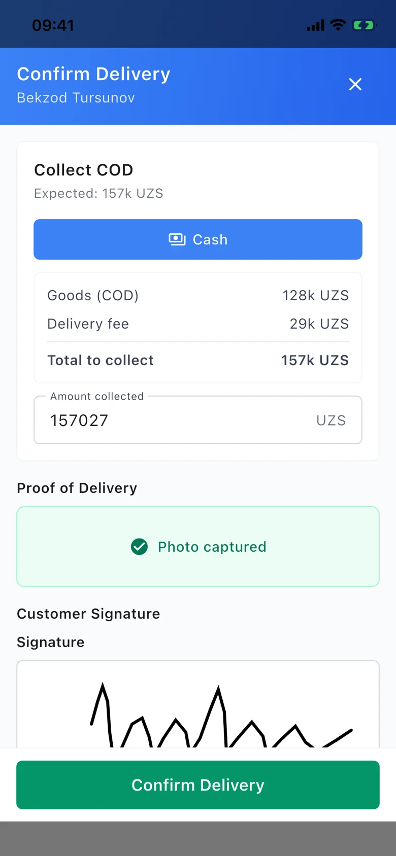 Rider app: confirm delivery with COD breakdown, photo captured and customer signature