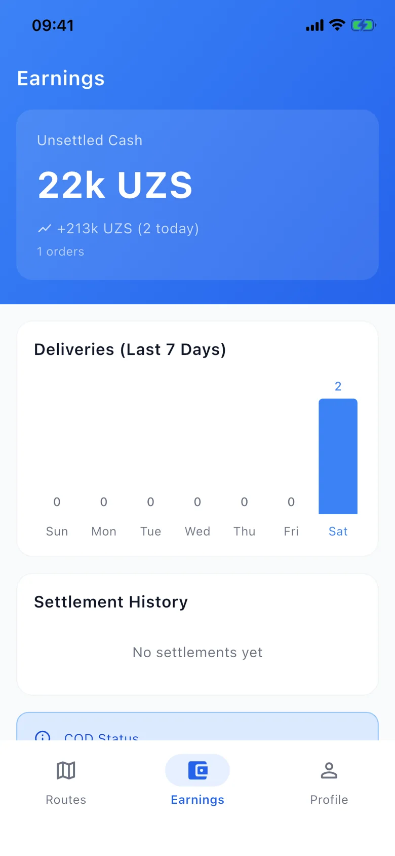 Rider app: earnings with unsettled cash, deliveries over 7 days and settlement history