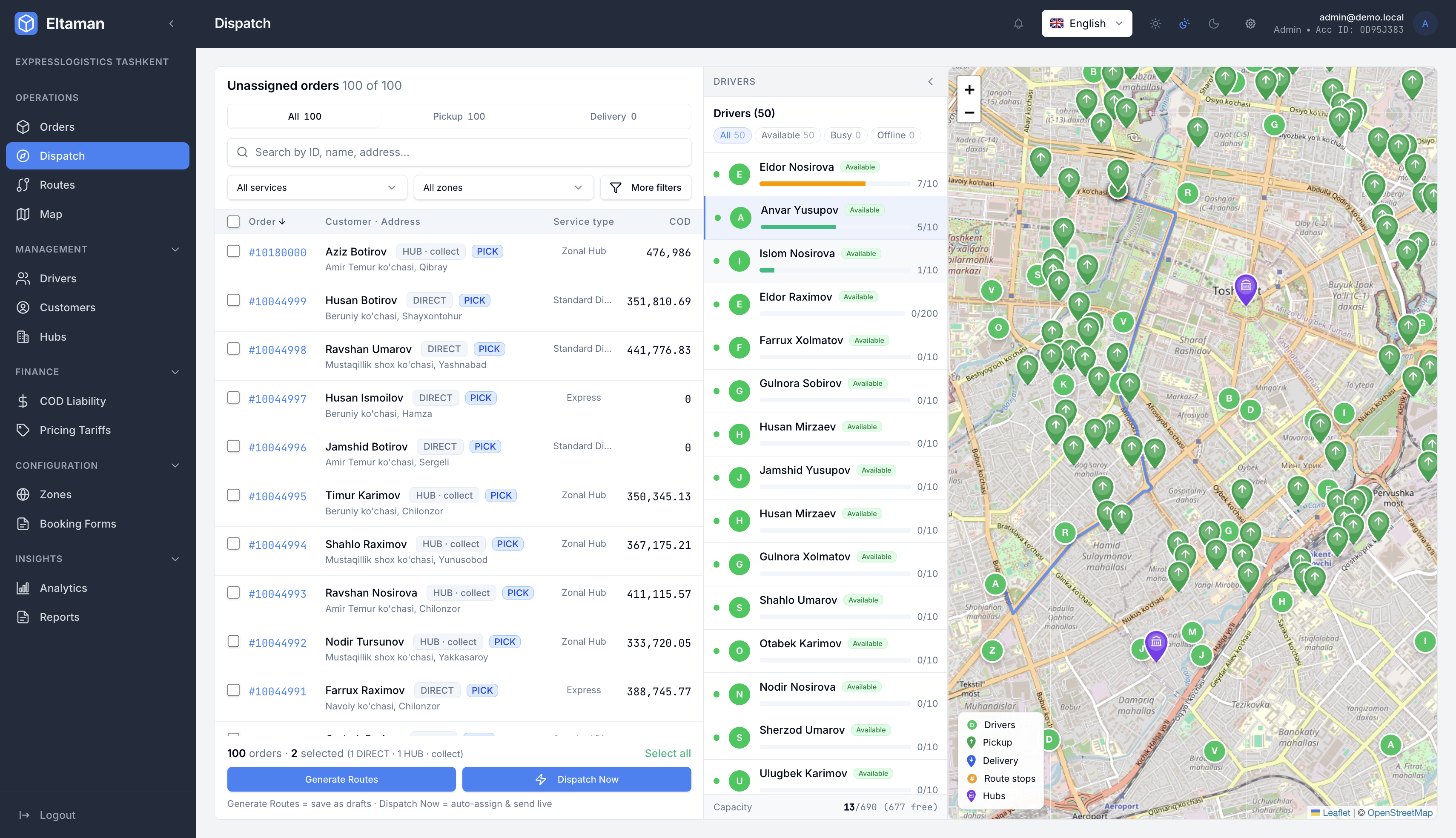 Eltaman Dispatch panel — unassigned orders, driver list, and live route map