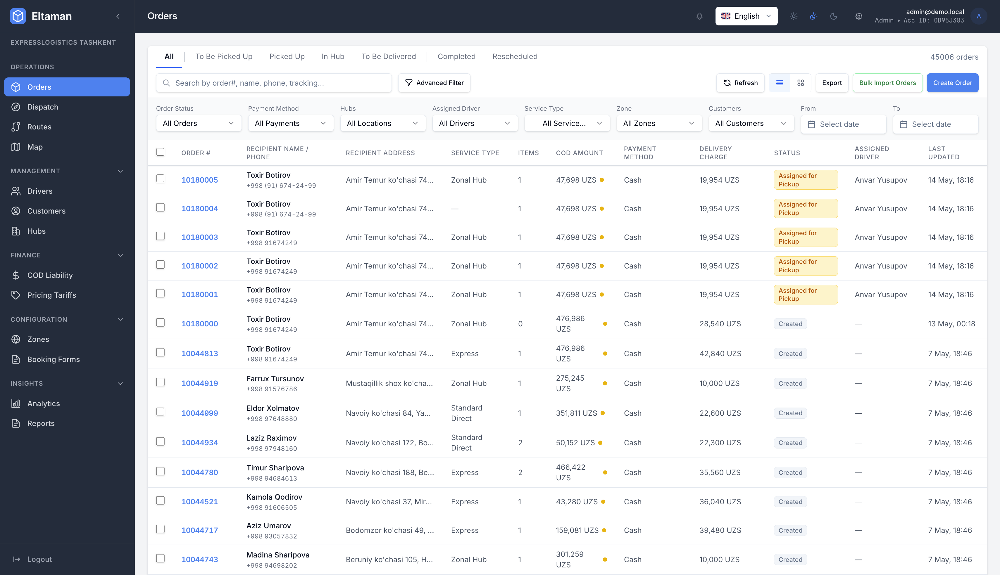 Eltaman Orders panel — comprehensive table with filters, status badges, assigned drivers, and bulk actions