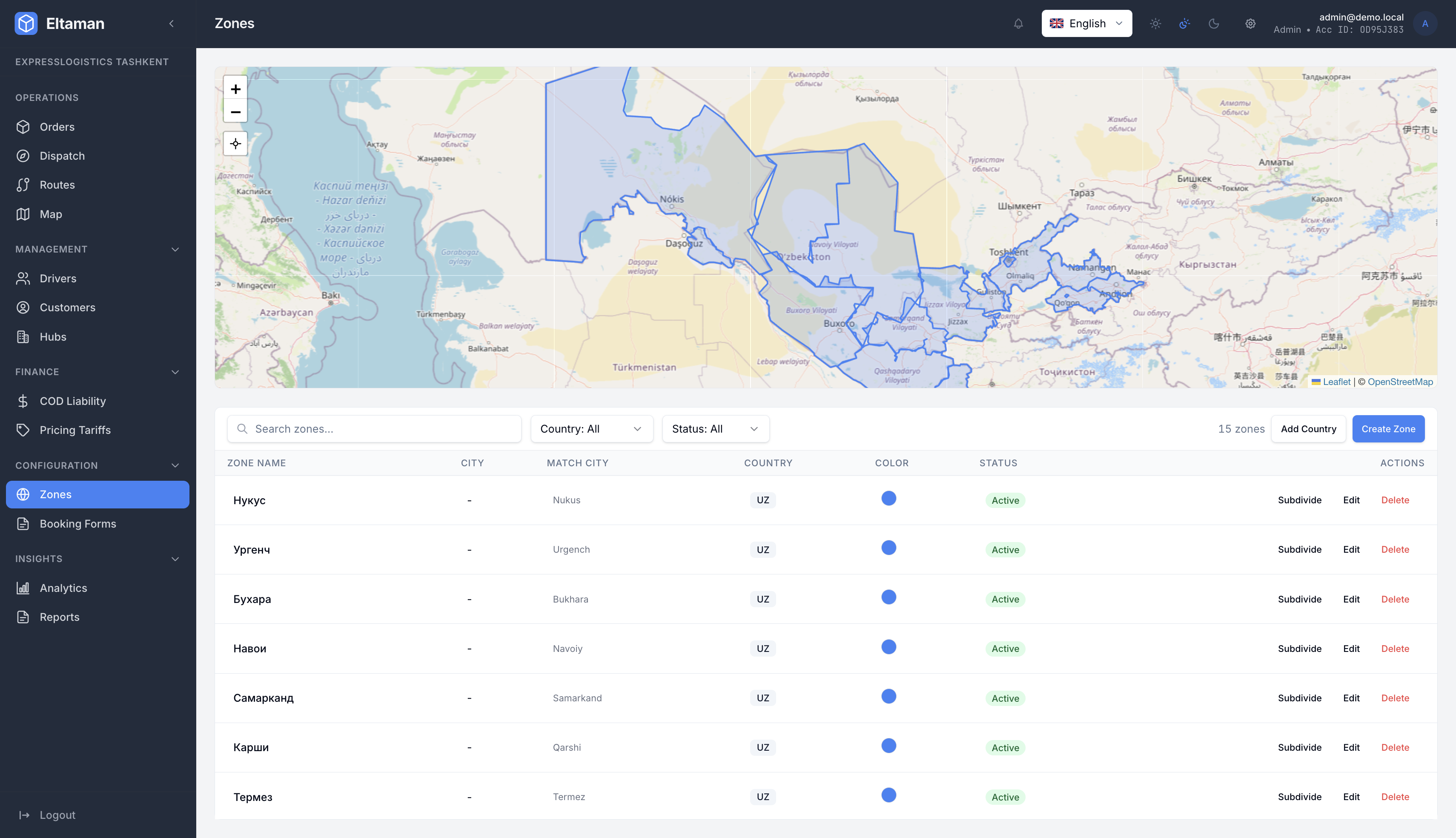 Eltaman Zones panel — country map with active delivery zones drawn as polygons + zone list